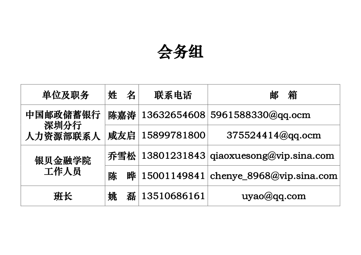 学员分组通讯录及会务组信息